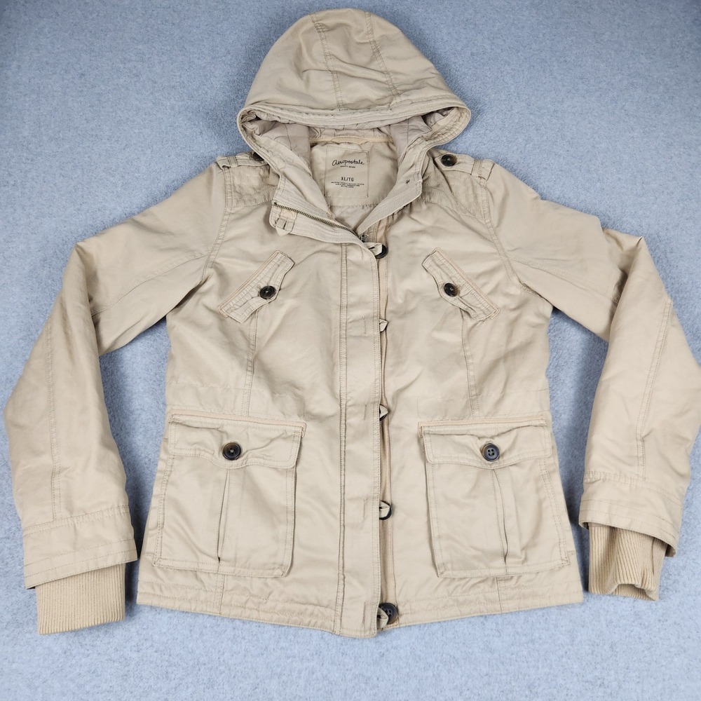 Aeropostale Jacket Womens XL Tan Field Quilted Lined Utility Military Hooded